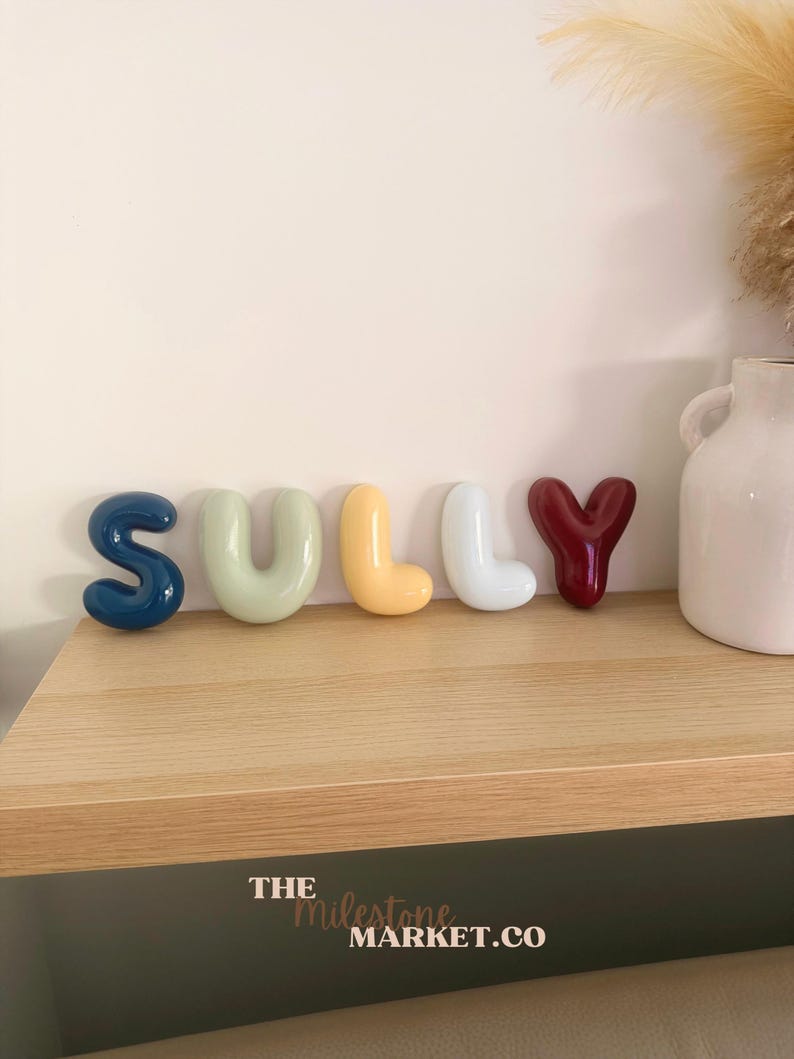 May include: A set of five individual, rounded, glossy letters spelling the name SULLY. The letters are coloured dark blue, sage green, pale yellow, white, and deep red. Each letter has a smooth, inflated appearance and stands upright.