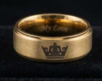 Personalized Love Engraved Band Ring, Crown Design Wedding Band, Custom Message Ring, Romantic Gift for Him or Her