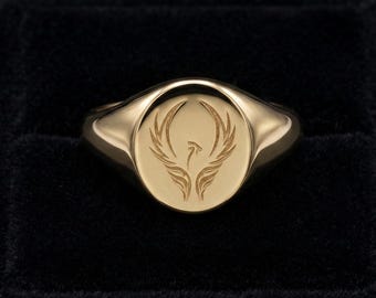 Phoenix Signet Ring for Men, Engraved Fire Bird Oval Ring, Mythology Rebirth Symbol Ring, Minimalist Statement Band Gift for Him