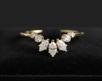 Marquise Moissanite Open Ring, Crown Style Gold Ring, Minimal Engagement Ring, Unique Bridal Statement Ring