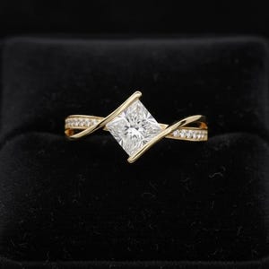 Princess Cut Moissanite Engagement Ring, Yellow Gold Criss Cross Twist, Split Shank Pave Band, Modern Promise Ring