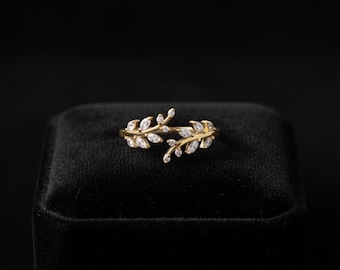 Moissanite Blatt Ring Gold, Natur inspirierter Ehering, zierliche Rebe Ring für Frauen, minimalistische Verlobungsring, Geschenk für sie