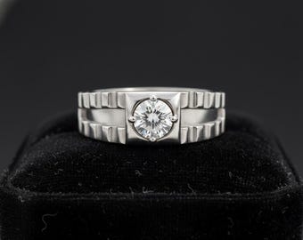 Men’s Silver Moissanite Ring | Round Cut Statement Ring | Modern Engagement Ring for Him | Textured Wedding Band | Anniversary Gift