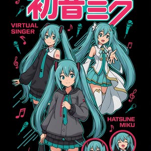 Può includere: Grafica nera con Hatsune Miku, una cantante virtuale, con capelli e abiti turchese. Il design include il testo "Hatsune Miku", "Virtual Singer" e "01 VOCALOID". Sono presenti anche note musicali e microfoni. L'immagine è etichettata "PNG 300DPI".