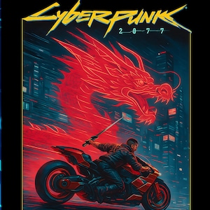 Cyberpunk 2077 PNG Illustration: Neon Drache, V, Nachtstadt (300 DPI Digital Download
