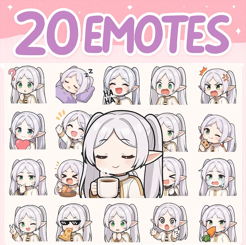May include: A collection of 20 emotes featuring a character with white hair and green eyes. The emotes display various expressions, including happiness, sadness, anger, and surprise. The emotes are in a cartoon style, with a light pink background and the text '20 EMOTES' at the top.