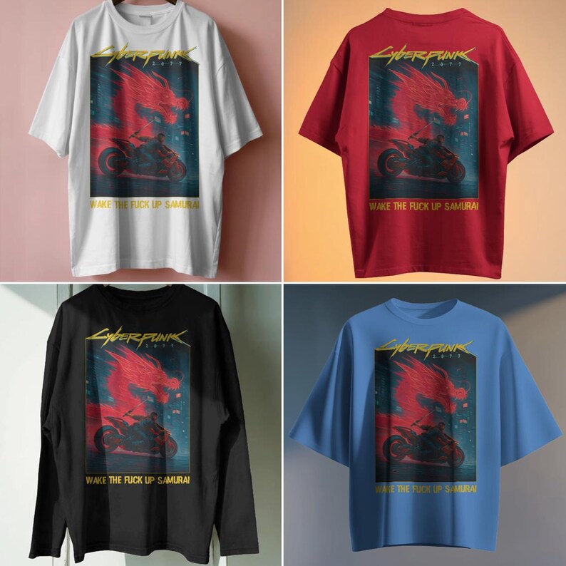 Puede incluir: Cuatro camisetas en blanco, rojo, negro y azul, cada una con un dise&ntilde;o gr&aacute;fico. El dise&ntilde;o incluye el texto "Cyberpunk 2077" en dorado, un drag&oacute;n rojo y una motocicleta. Tambi&eacute;n est&aacute; presente la frase "Wake the fuck up samurai".