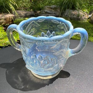 Fenton Opalescent Two Handled Open Sugar Bowl Waterlily & Cattails Pattern