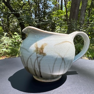 Vintage Pottery Pitcher Light Blue/Green Celadon Crackle Glaze with Grass Motif