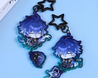 Genshin Impact Flins Acrylic Keychain - Chibi Blue Hair Character with Lantern, Raven & Star Keyring for Bag Keys Gift