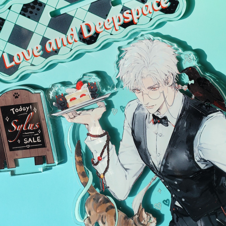 May include: An illustration featuring a character with white hair, glasses, and a bow tie, holding a tray with cake. A black bird sits on the character's shoulder. The image includes the text "Love and Deepspace" and a sign that says "Today! Sylus SALE". A cat is also present.