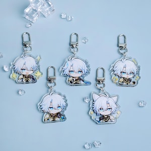 May include: Five acrylic keychains featuring a cartoon character with white hair and blue eyes. Each keychain has a silver-colored clasp. The character is depicted in various poses and expressions, with a light blue background.