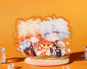 Honkai: Star Rail Mydei & Phainon Acryl-Aufsteller – Niedliches Chibi-Katzenohren-Duo mit Haustieren für Schreibtisch-Dekoration, Sammlerstück, Geschenk