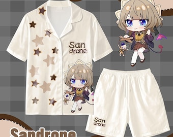 Genshin Impact Sandrone Pyjama-Set – Niedlicher Anime-Charakter-Print, Kurzarmshirt und Shorts, Schlafanzug für Anime-Fans, weiche Loungewear