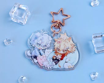 Honkai Star Rail Mydei Phainon Acrylic Keychain Set - Cute Chibi Cat Duo with Rose Gold Star Ring for Bag Keys Anime Gift