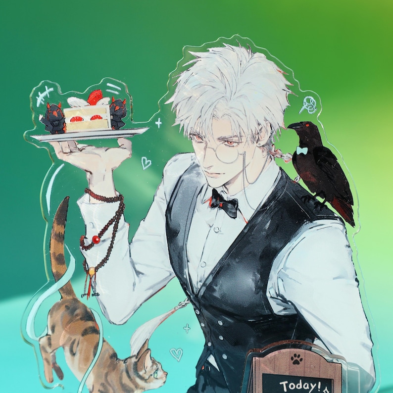 May include: Acrylic stand featuring an anime-style illustration of a waiter holding a cake on a tray, with a raven on his shoulder and a cat at his feet. The waiter wears a vest, bow tie, and glasses. The background is a gradient of green.