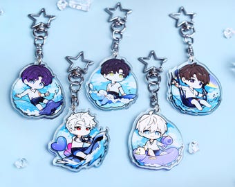 Love and Deepspace Sylus Zayne Rafayel Xavier Caleb Acrylic Keychain - Chibi Summer Surfing Waves Beach Theme Bag Charm Gift Perfect