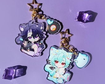 Genshin Impact Dottore Pantalone Acrylic Keychain - Chibi Cat Ear Bag Charm with Star Clasp, Cute Fan Merch for Daily Use Gifts