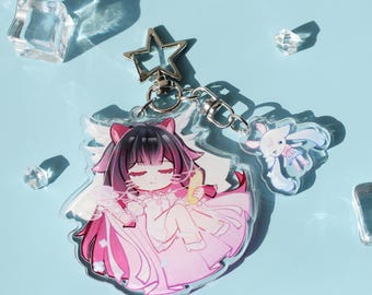 Genshin Impact Columbina Acrylic Keychain - Chibi Cat Ear Bunny Companion, Pink Star Charm Bag Clip Anime Gift