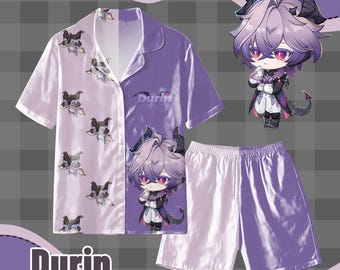 Genshin Impact Durin Pajama Set - Cute Anime Character Print Short Sleeve Shirt & Shorts Sleepwear for Anime Fans, Soft Loungewear