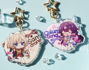 Genshin Impact Columbina Sandrone Acrylic Keychain - Chibi Cat Ear Character with Gold Star Ring for Bag Keys Anime Gift