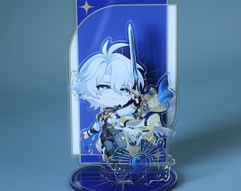 Honkai Star Rail Phainon Acrylic Standee - Blue Gold Chibi Figure with Sword & Star Base for Desk Display Collection