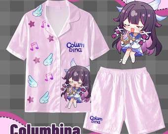 Genshin Impact Columbina Pyjama-Set – Niedlicher Anime-Charakter-Print, Kurzarmshirt und Shorts, Schlafanzug für Anime-Fans, weiche Loungewear
