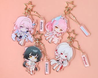 Wuthering Waves Acrylic Keychain Set - Denia, Aemeath, Rover, Hiyuki Chibi Anime Strap with Star Charm & Name Tag, WW Merch for Fans Gifts