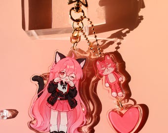 Neverness to Everness Nanally Acrylic Keychain - Cute Chibi Anime Key Ring with Cat Plush & Heart Charm, Perfect Desk Decor Fan Gift