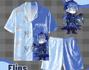 Genshin Impact Flins Pajama Set - Cute Anime Character Print Short Sleeve Shirt & Shorts Sleepwear for Anime Fans, Soft Loungewear