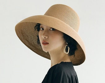 Chapeau de soleil d'été fait à la main pour femmes, grand avant-toit de plage, style Hepburn japonais, casquette de pêcheur pliable, tempérament plat, accessoires de coiffure