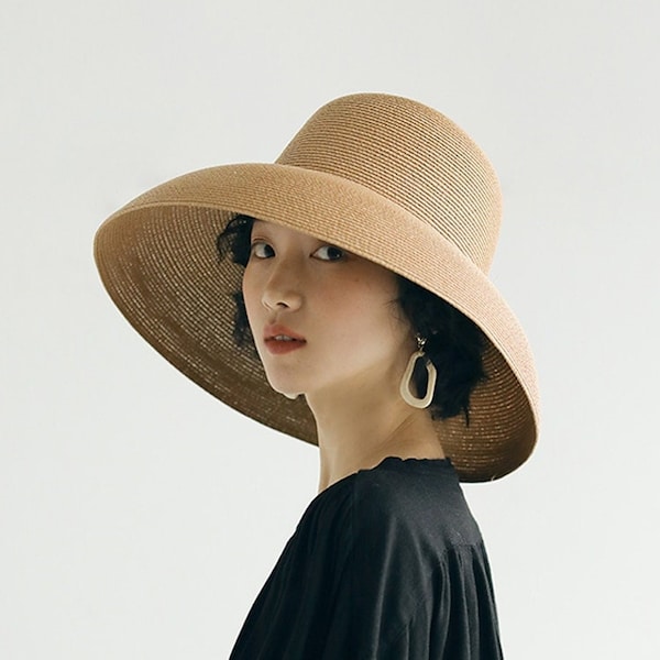Chapeau de soleil d'été fait à la main pour femmes, grand avant-toit de plage, style Hepburn japonais, casquette de pêcheur pliable, tempérament plat, accessoires de coiffure
