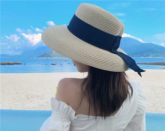 Women's Sun Hat Summer Beach Straw Hat Women Boater Hat With Ribbon Tie For Vacation Holiday Audrey Hepburn,Cottagecore Straw Hat