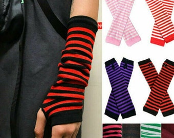 Warmer Knitted Striped Long Fingerless Gloves, Elbow Mittens Gloves, Women Striped Elbow Gloves, Warm Striped Mitten, Halloween Accessories