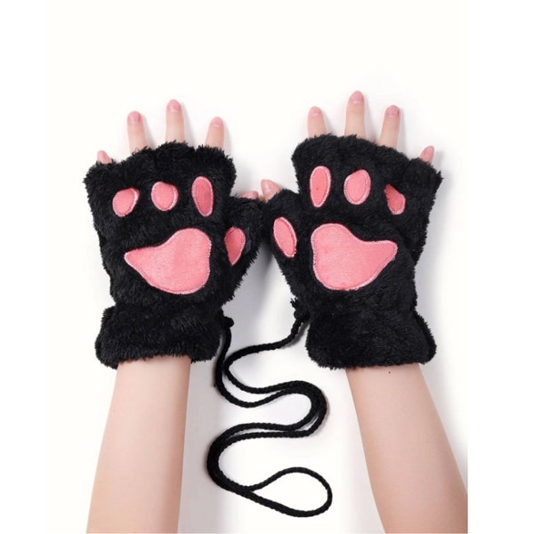 Jolis gants chauds d’hiver sans doigts, ours pelucheux, griffe de patte de chat, gants mitaines demi-doigts, gants d’hiver chauds, costumes de cosplay Kawaii