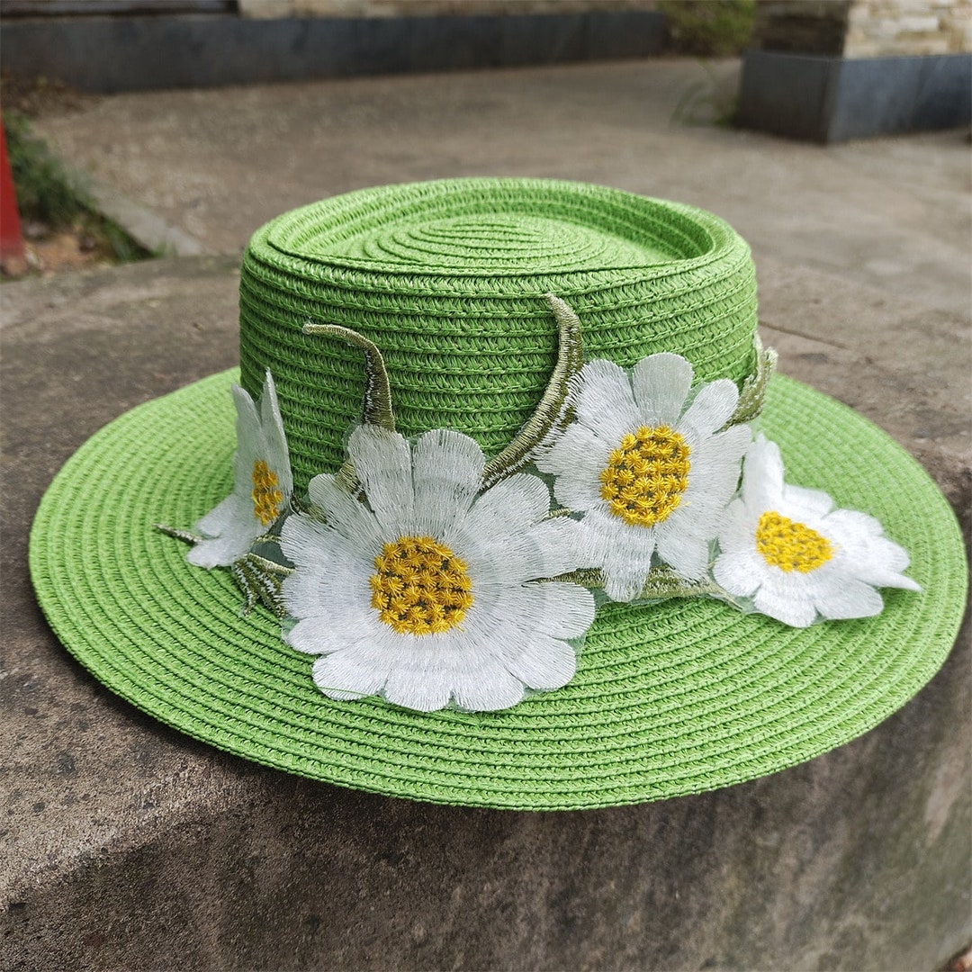 Little Daisy Straw Hat Embroidered 3D Flower Concave Top Etsy