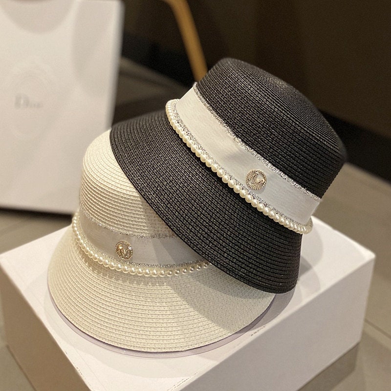 Beige Straw and Black and White Denim CC Wide Brimmed Sun Hat, 2022