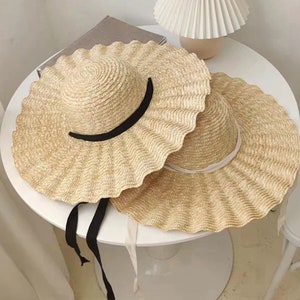 Large Brim Ribbon Straw Hat Summer Hats For Women Ribbon Beach Cap Beach hat Dome Top Sun Hat Elegant cap/Breathable Summer Straw Hat