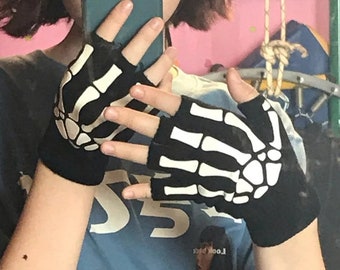 Gothic Skeleton Half Finger Gloves, Glow In The Dark Fingerless Stretch Knitted Winter Mittens, Halloween Skull Gloves, Cosplay Costumes