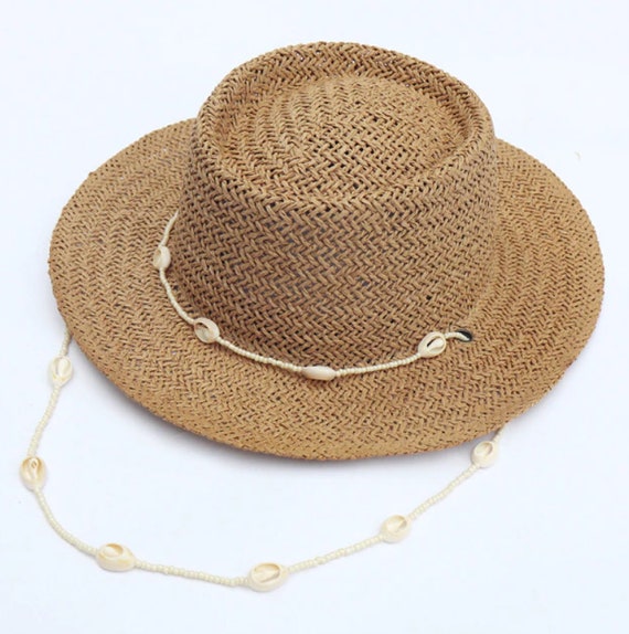Neck Chain Sun Hats for Women Shells Strap Rope Beach Hats Ladies