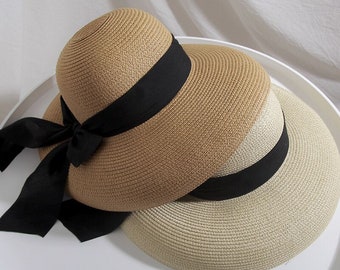 Chapeau de soleil à gros nœud pour femmes d'été Style Hepburn Design vintage Chapeau de paille large côté Couleur unie Anti-UV Chapeau de plage de vacances, Chapeau de paille Cottagecore