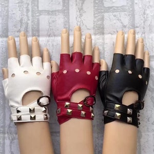 Black Red White Cool Punk Motorcycle Rivet Gloves, Unisex Fingerless Driving PU Leather Gloves, Disco Rock and Roll Gloves, Gothic Gloves