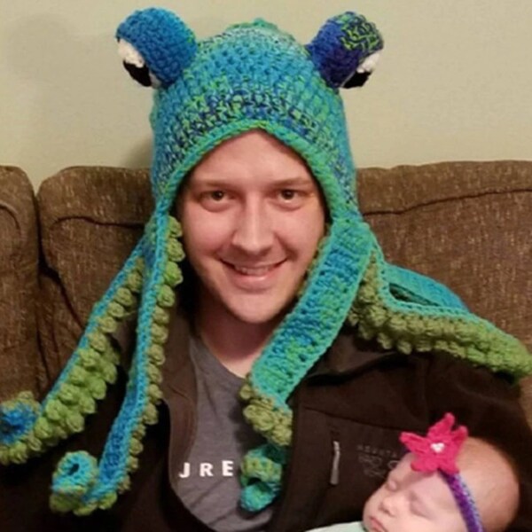 Bonnet de laine tricoté à la main avec barbe de poulpe verte, bonnet/chapeaux de fête de Noël cosplay rigolote coiffure délicate/chapeau chaud pour couples d'hiver/chapeau au crochet