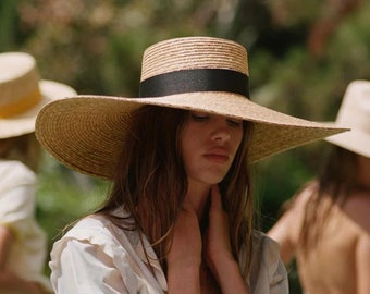 Chapeau de plage à bord large pour femmes, grands chapeaux de paille d'été, chapeau de soleil avec protection UV S1340-15 cm / chapeau de plage d'été / chapeau de paille frais d'été respirant