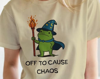 Off to Cause Chaos Wizard Frog with Staff Tee, Medieval Frog Shirt, Funny DnD T-Shirt, Renaissance Faire Frog Gift