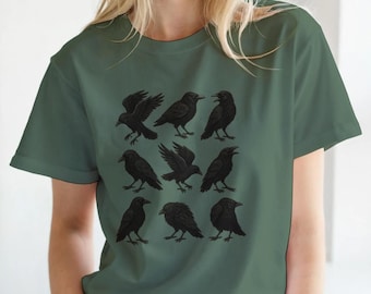 Crows Linocut T-Shirt, Vintage Black Bird Graphic Tee, Gothic Cottagecore Forestcore Shirt, Dark Academia TShirt, Witchy Raven Shirt