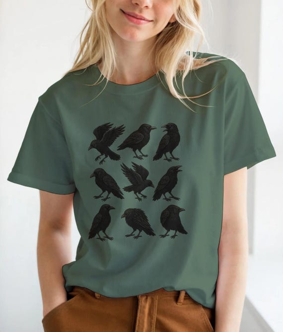 Crows Linocut T-Shirt, Vintage Black Bird Graphic Tee, Gothic Cottagecore Forestcore Shirt, Dark Academia TShirt, Witchy Raven Shirt