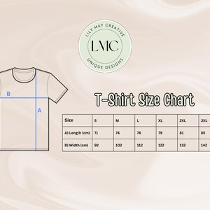 May include: A t-shirt size chart showing measurements in centimetres. Sizes range from S to 3XL, with length and width dimensions. A circular logo with the text "LILY MAY CREATIVE" and "UNIQUE DESIGNS" is in the upper left corner.