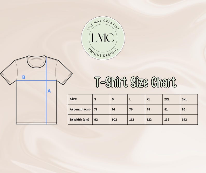 May include: A t-shirt size chart showing measurements in centimetres. Sizes range from S to 3XL, with length and width dimensions. A circular logo with the text "LILY MAY CREATIVE" and "UNIQUE DESIGNS" is in the upper left corner.