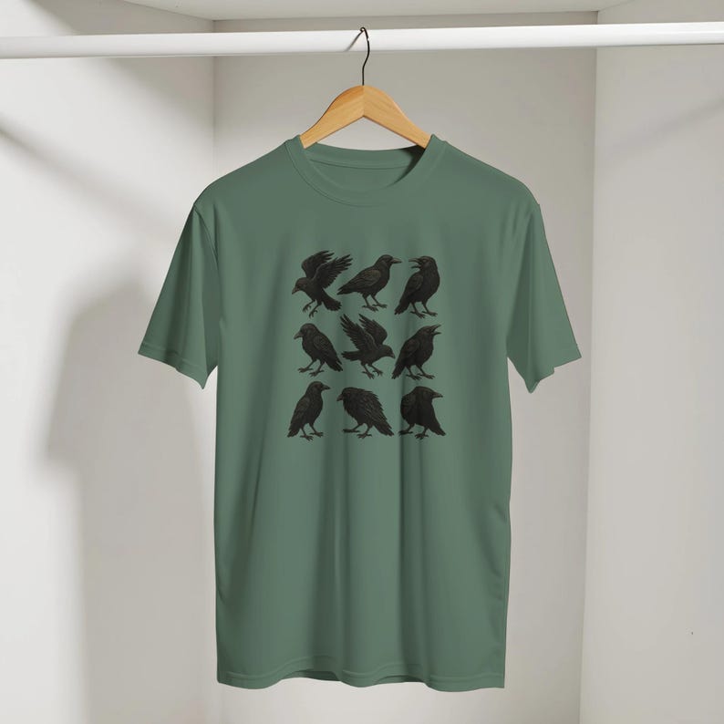 Crows Linocut T-Shirt, Vintage Black Bird Graphic Tee, Gothic Cottagecore Forestcore Shirt, Dark Academia TShirt, Witchy Raven Shirt Military Green